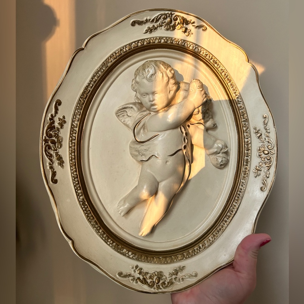 Vintage 60’s Alexander Backer Chalk Ware Cupid Cherub Angel 3D Plaque | Coquette